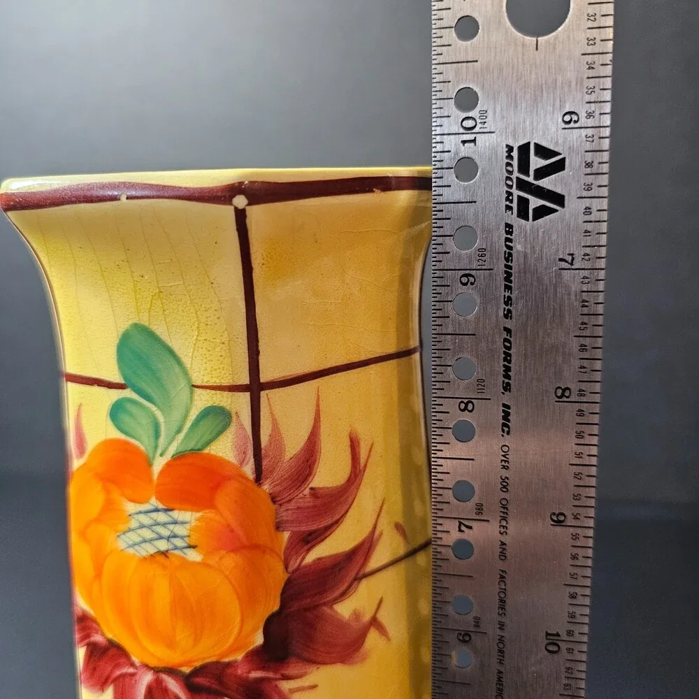 Vtg Handpainted Czech Pottery Vase, Yellow Orange Red Flower 8 x 4 in Art Deco